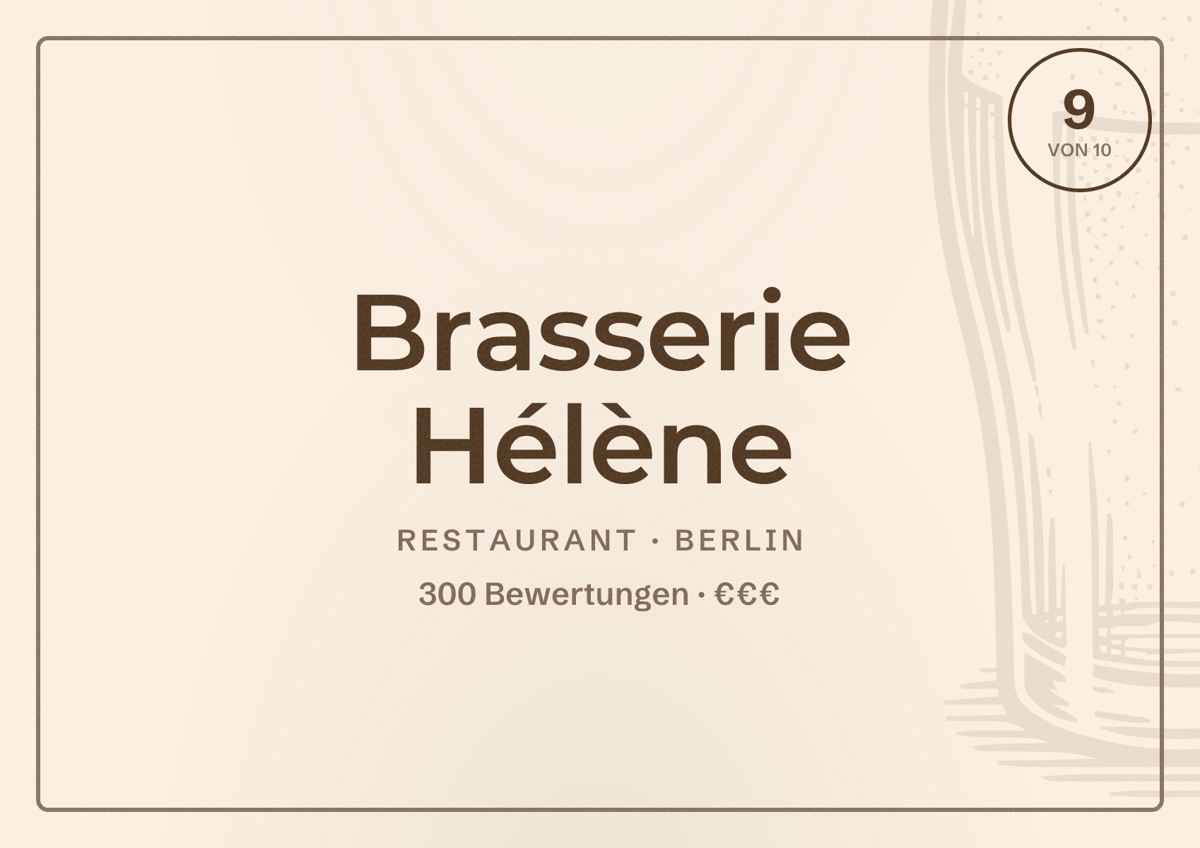 Illustriertes Poster von Brasserie Hélène, Restaurant in Berlin: Bewertung 9,0 von 10 aus 300 Bewertungen, Preisniveau €€€
