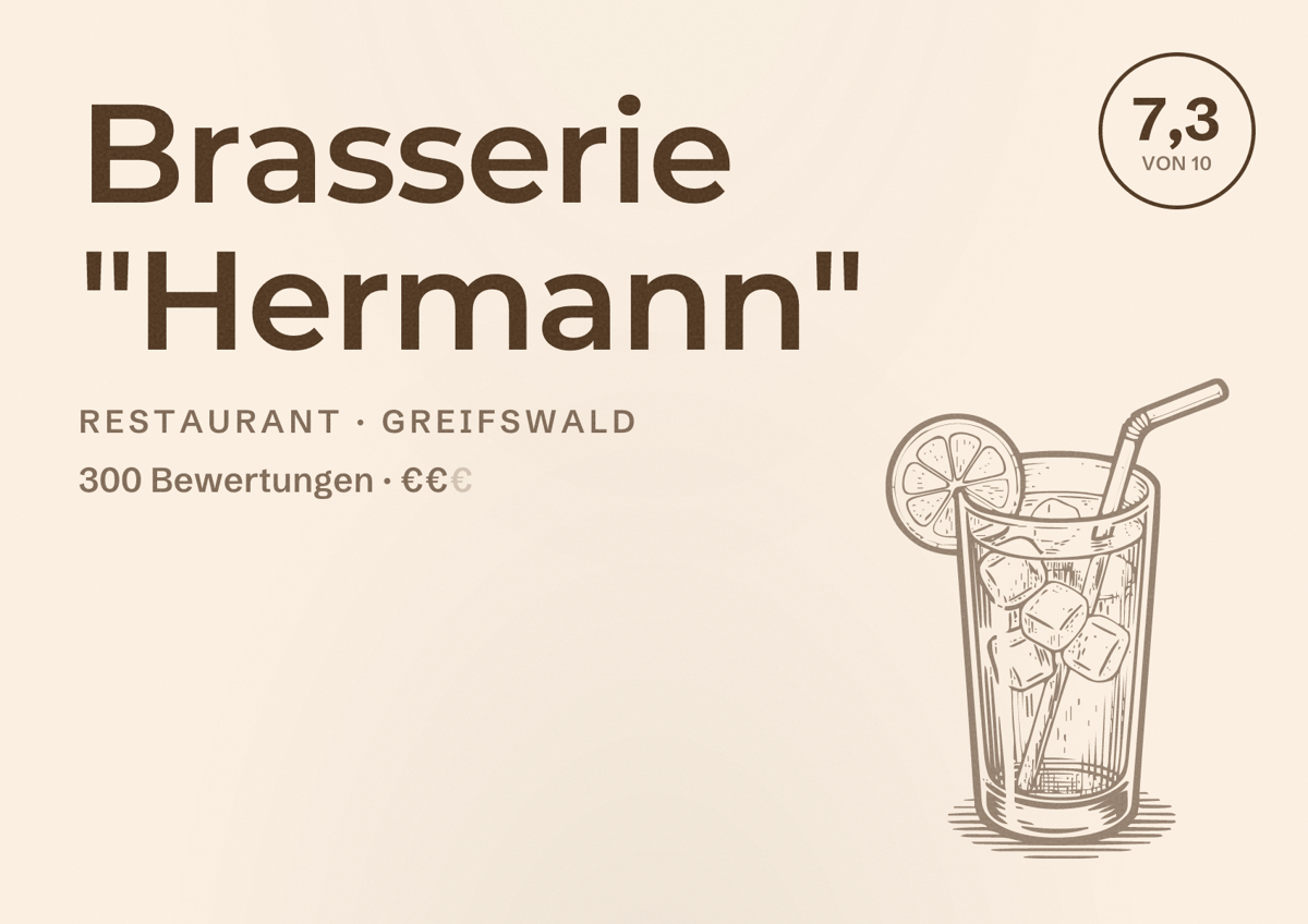 Illustriertes Poster von Brasserie "Hermann", Restaurant in Greifswald: Bewertung 7,3 von 10 aus 300 Bewertungen, Preisniveau €€