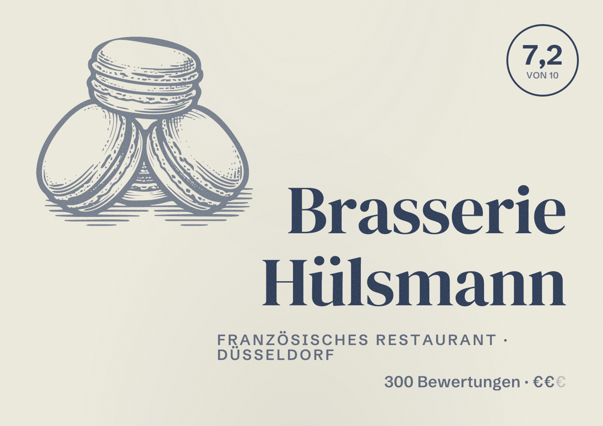 Illustriertes Poster von Brasserie Hülsmann, Französisches Restaurant in Düsseldorf: Bewertung 7,2 von 10 aus 300 Bewertungen, Preisniveau €€