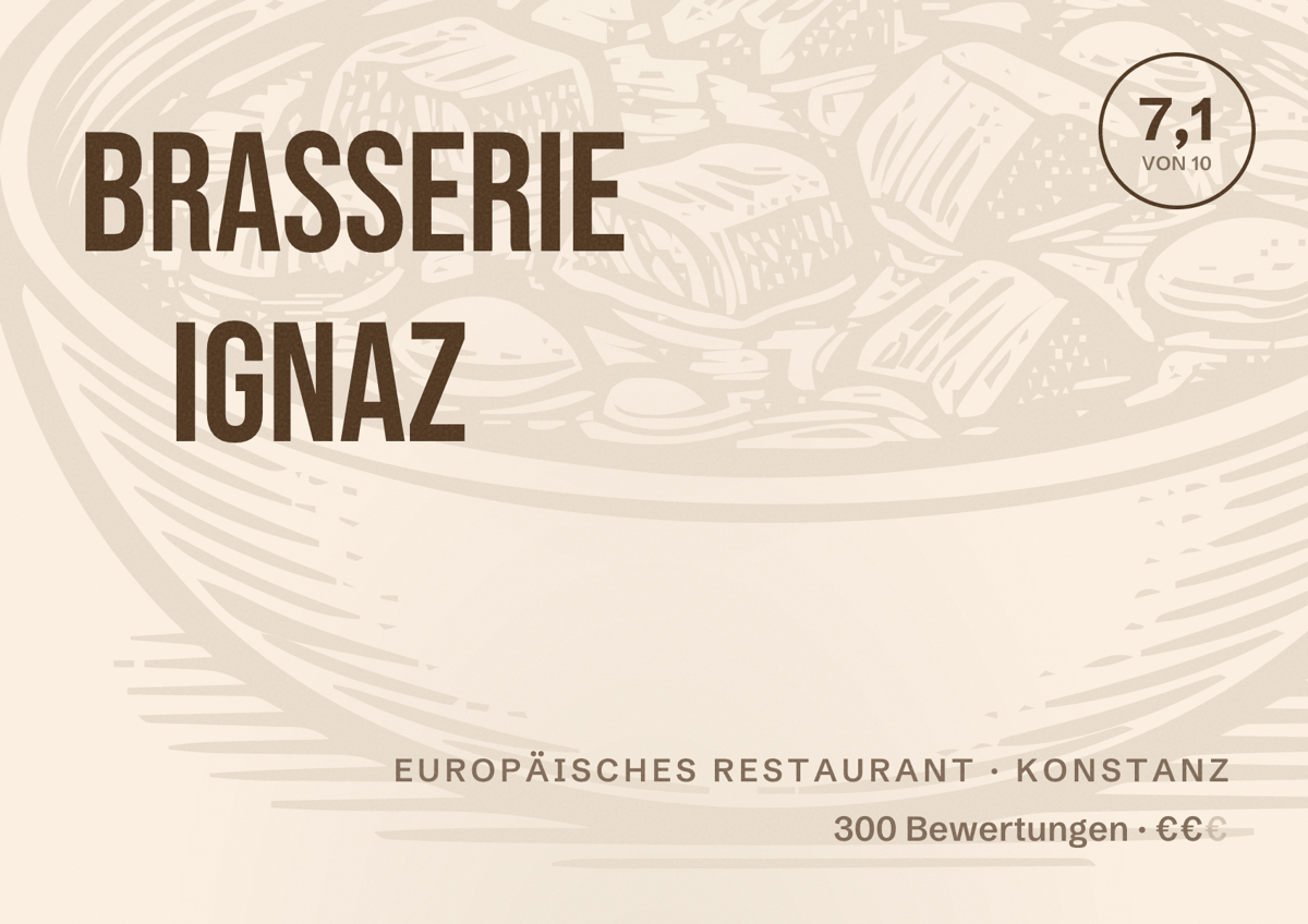 Illustriertes Poster von Brasserie Ignaz, Europäisches Restaurant in Konstanz: Bewertung 7,1 von 10 aus 300 Bewertungen, Preisniveau €€