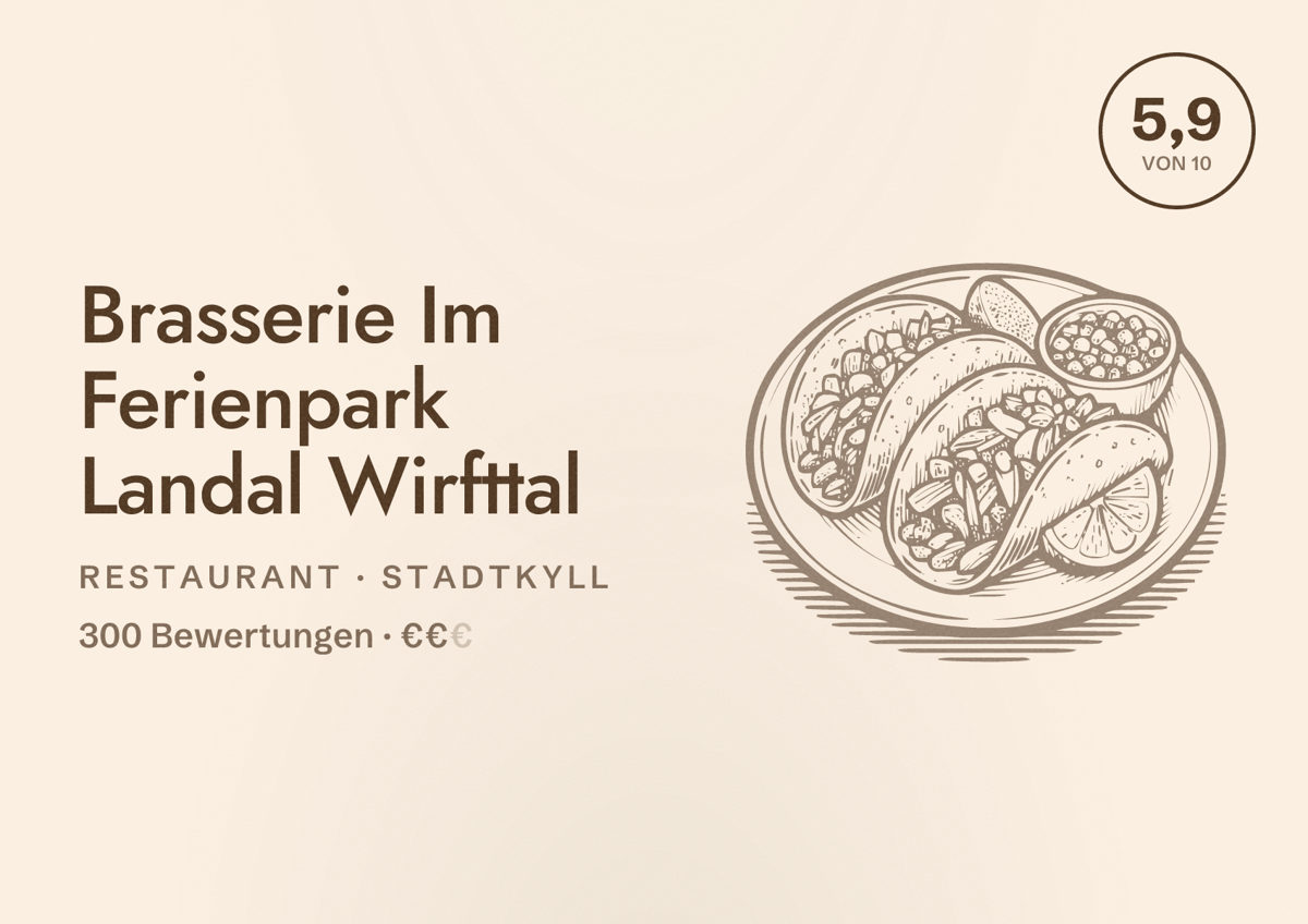 Illustriertes Poster von Brasserie Im Ferienpark Landal Wirfttal, Restaurant in Stadtkyll: Bewertung 5,9 von 10 aus 300 Bewertungen, Preisniveau €€