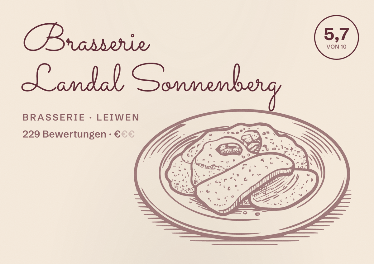 Illustriertes Poster von Brasserie Landal Sonnenberg, Brasserie in Leiwen: Bewertung 5,7 von 10 aus 229 Bewertungen, Preisniveau €