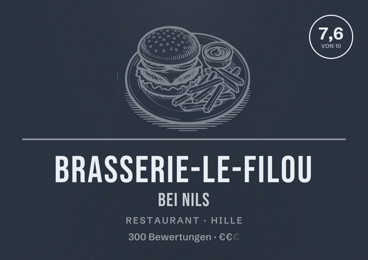 Illustriertes Poster von Brasserie-Le-Filou Bei Nils, Restaurant in Hille: Bewertung 7,6 von 10 aus 300 Bewertungen, Preisniveau €€