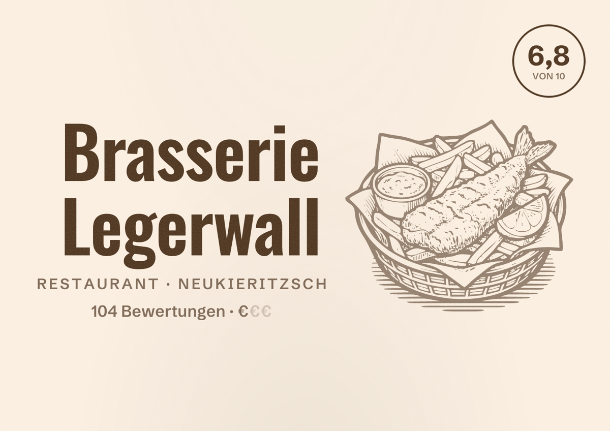 Illustriertes Poster von Brasserie Legerwall, Restaurant in Neukieritzsch: Bewertung 6,8 von 10 aus 104 Bewertungen, Preisniveau €