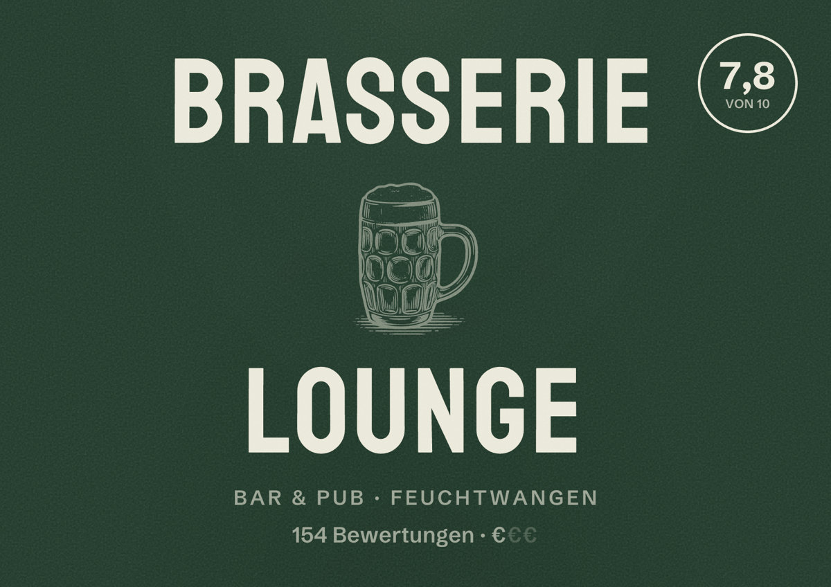 Illustriertes Poster von Brasserie Lounge, Bar & Pub in Feuchtwangen: Bewertung 7,8 von 10 aus 154 Bewertungen, Preisniveau €