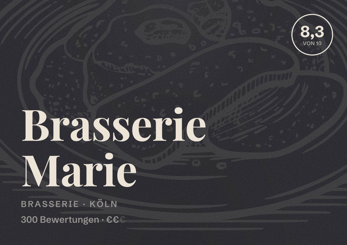 Illustriertes Poster von Brasserie Marie, Brasserie in Köln: Bewertung 8,3 von 10 aus 300 Bewertungen, Preisniveau €€
