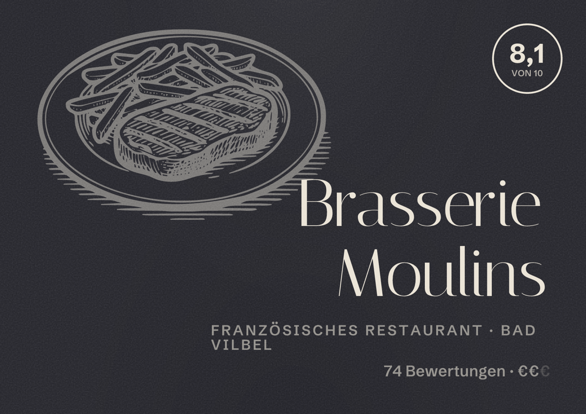 Illustriertes Poster von Brasserie Moulins, Französisches Restaurant in Bad Vilbel: Bewertung 8,1 von 10 aus 74 Bewertungen, Preisniveau €€