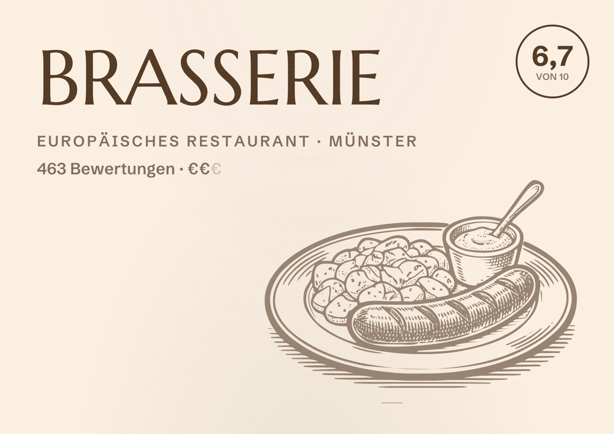 Illustriertes Poster von BRASSERIE, Europäisches Restaurant in Münster: Bewertung 6,7 von 10 aus 463 Bewertungen, Preisniveau €€