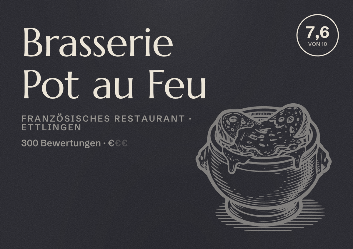 Illustriertes Poster von Brasserie Pot au Feu, Französisches Restaurant in Ettlingen: Bewertung 7,6 von 10 aus 300 Bewertungen, Preisniveau €