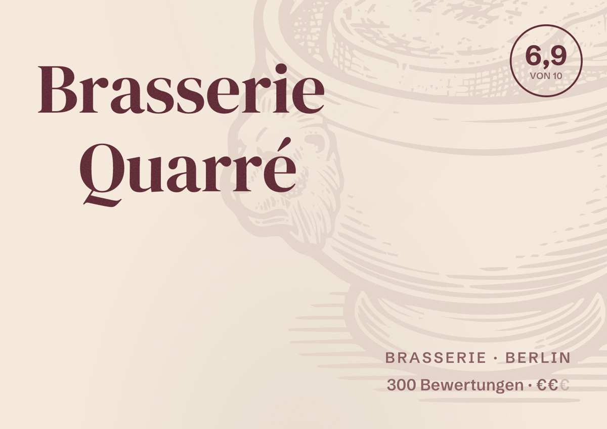 Illustriertes Poster von Brasserie Quarré, Brasserie in Berlin: Bewertung 6,9 von 10 aus 300 Bewertungen, Preisniveau €€