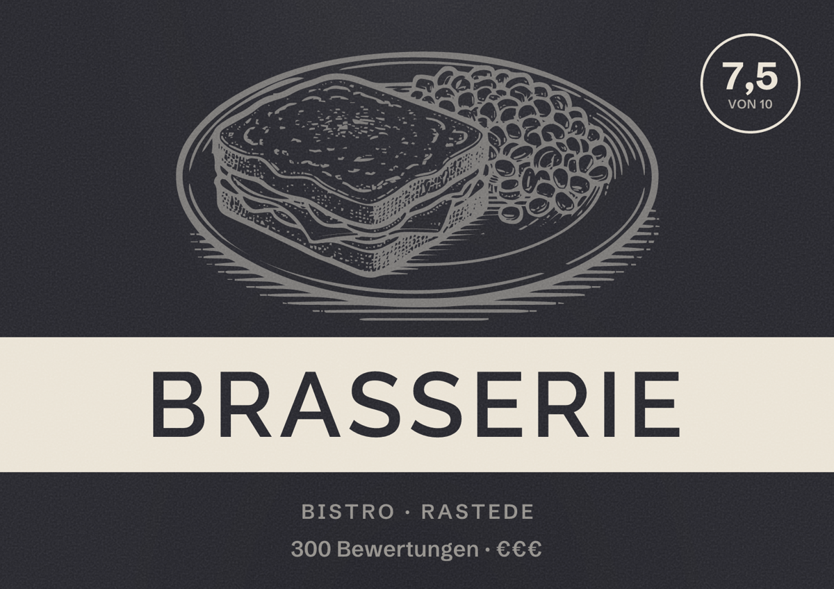 Illustriertes Poster von Brasserie, Bistro in Rastede: Bewertung 7,5 von 10 aus 300 Bewertungen, Preisniveau €€€