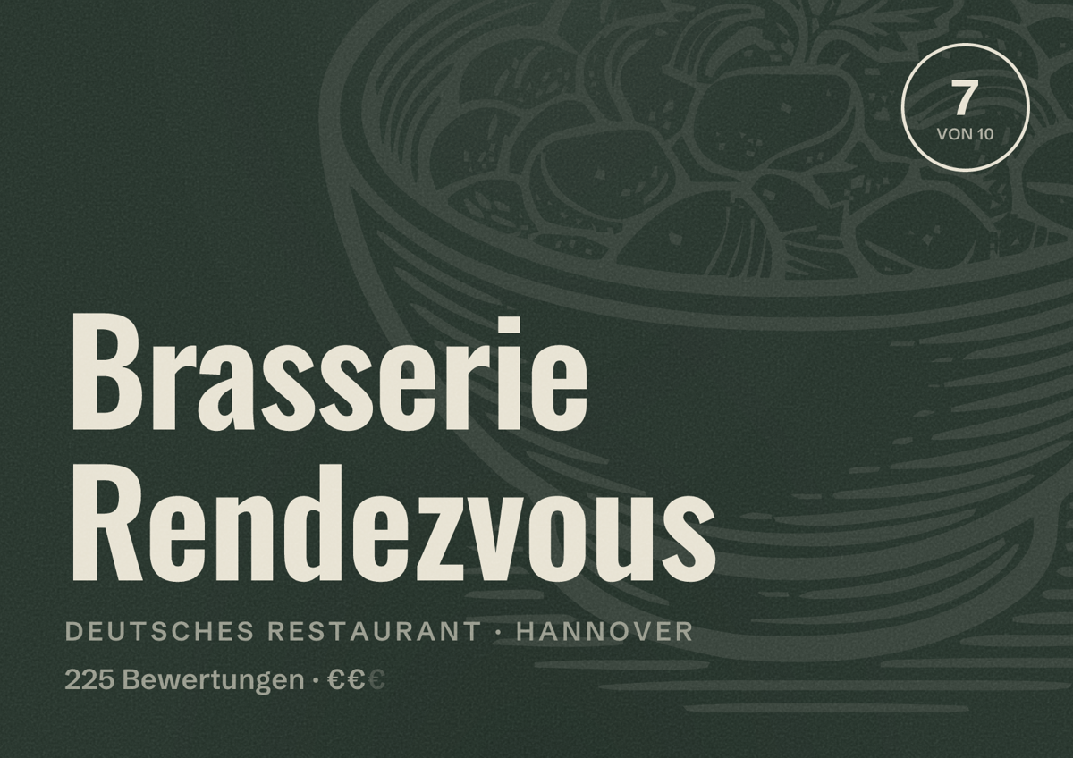 Illustriertes Poster von Brasserie Rendezvous, Deutsches Restaurant in Hannover: Bewertung 7,0 von 10 aus 225 Bewertungen, Preisniveau €€