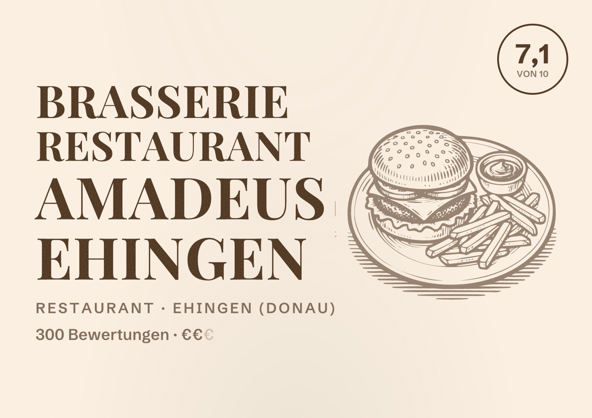 Illustriertes Poster von Brasserie Restaurant Amadeus Ehingen, Restaurant in Ehingen (Donau): Bewertung 7,1 von 10 aus 300 Bewertungen, Preisniveau €€