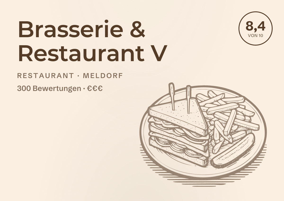 Illustriertes Poster von Brasserie & Restaurant V, Restaurant in Meldorf: Bewertung 8,4 von 10 aus 300 Bewertungen, Preisniveau €€€