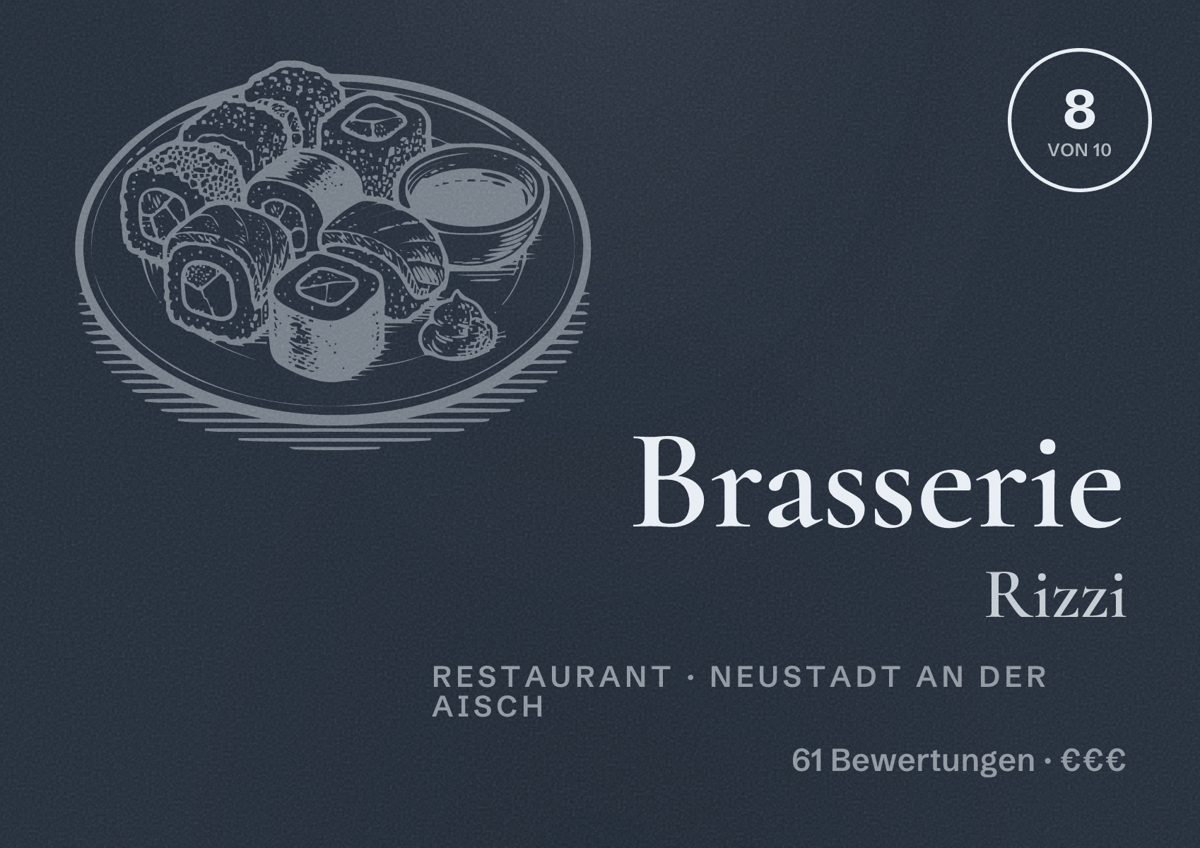 Illustriertes Poster von Brasserie Rizzi, Restaurant in Neustadt an der Aisch: Bewertung 8 von 10 aus 61 Bewertungen, Preisniveau €€€