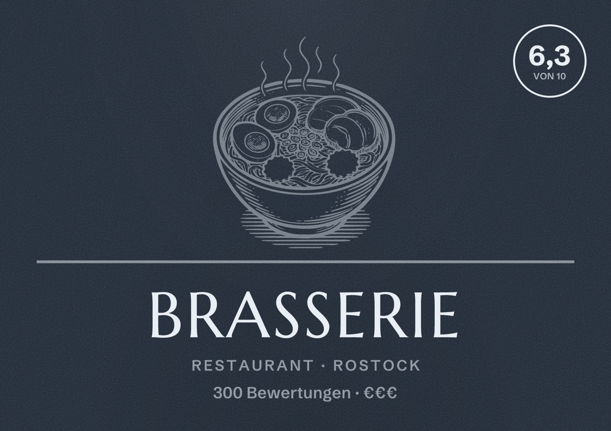 Illustriertes Poster von Brasserie, Restaurant in Rostock: Bewertung 6,3 von 10 aus 300 Bewertungen, Preisniveau €€€