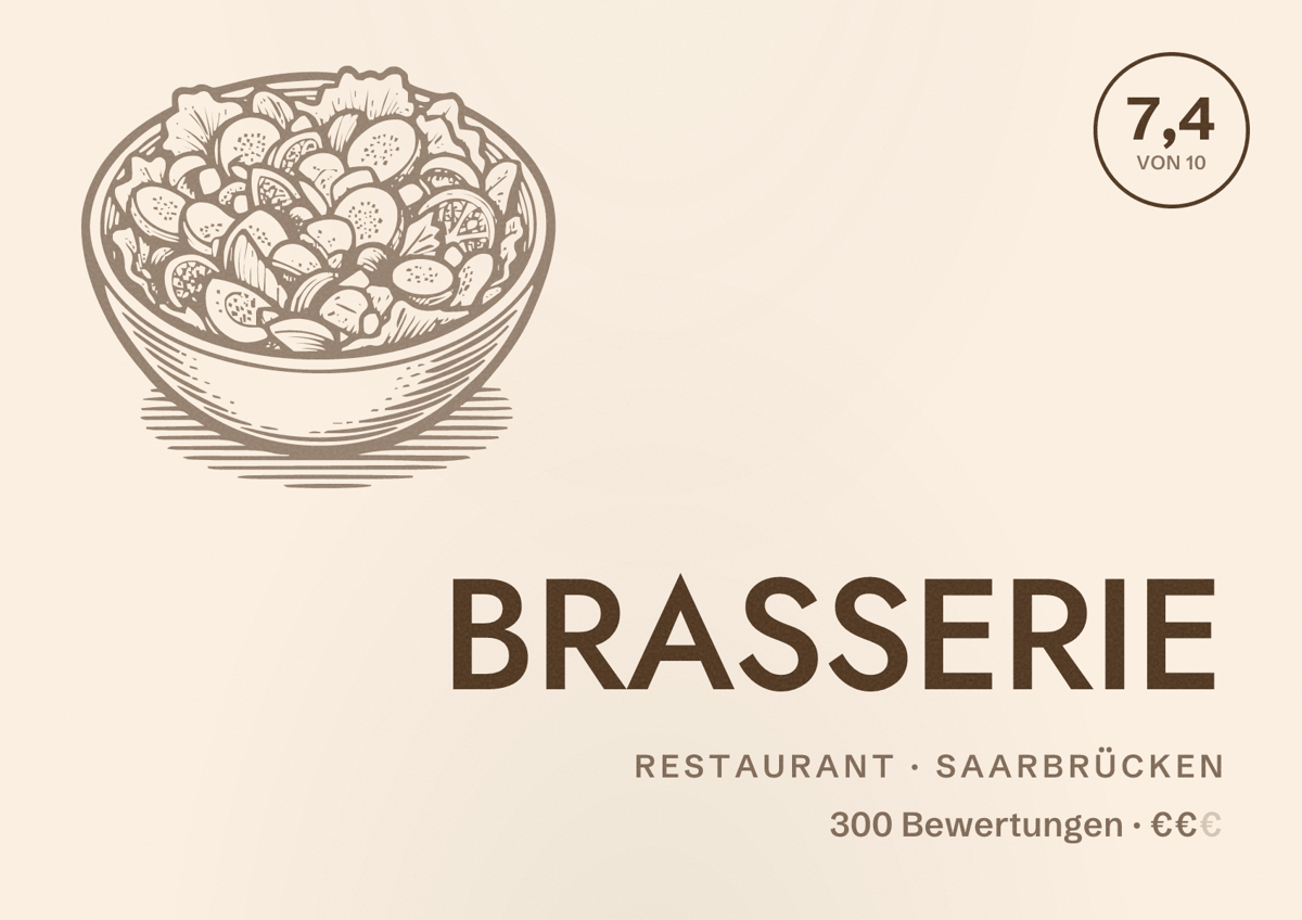Illustriertes Poster von BRASSERIE, Restaurant in Saarbrücken: Bewertung 7,4 von 10 aus 300 Bewertungen, Preisniveau €€