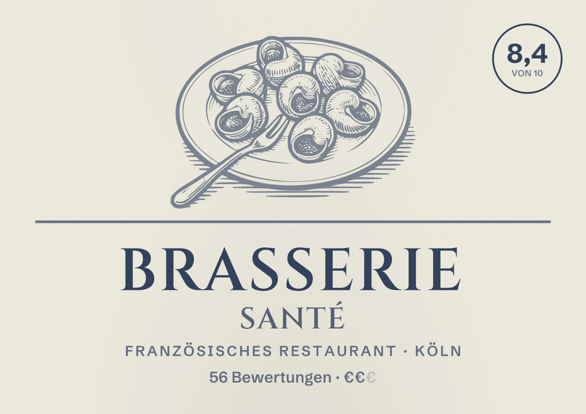 Illustriertes Poster von Brasserie Santé, Französisches Restaurant in Köln: Bewertung 8,4 von 10 aus 56 Bewertungen, Preisniveau €€