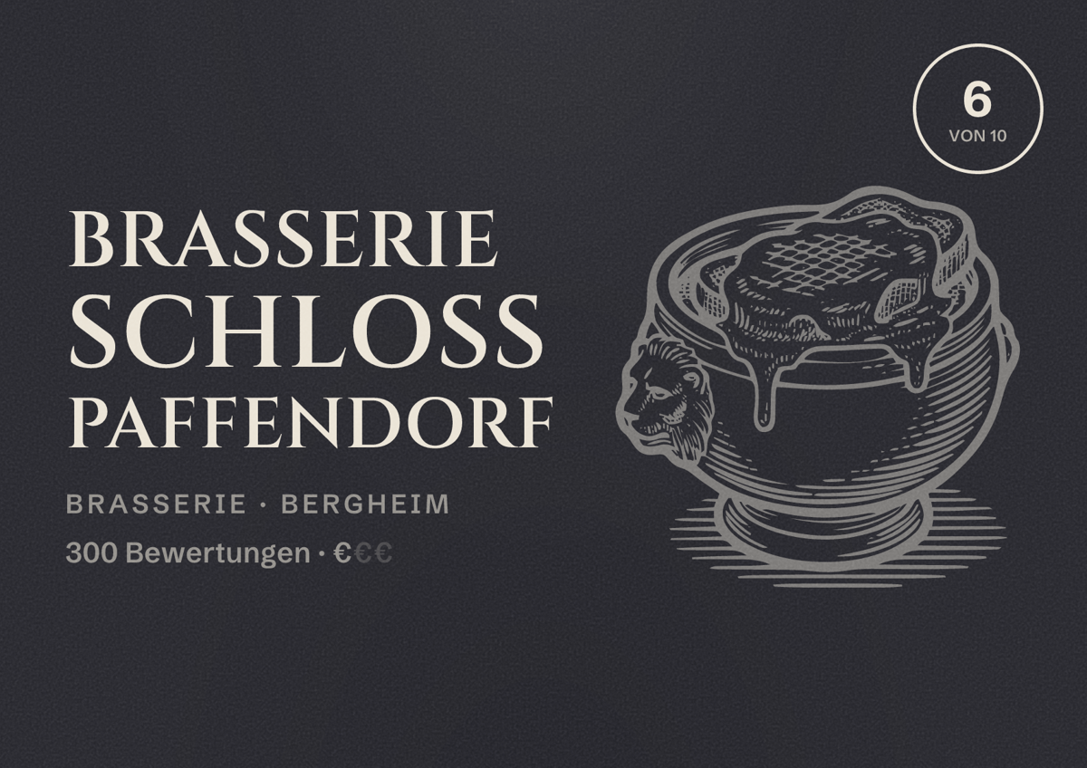 Illustriertes Poster von Brasserie Schloss Paffendorf, Brasserie in Bergheim: Bewertung 6 von 10 aus 300 Bewertungen, Preisniveau €