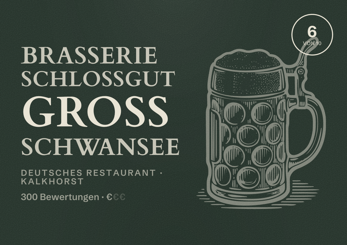 Illustriertes Poster von Brasserie schlossgut gross schwansee, Deutsches Restaurant in Kalkhorst: Bewertung 6 von 10 aus 300 Bewertungen, Preisniveau €