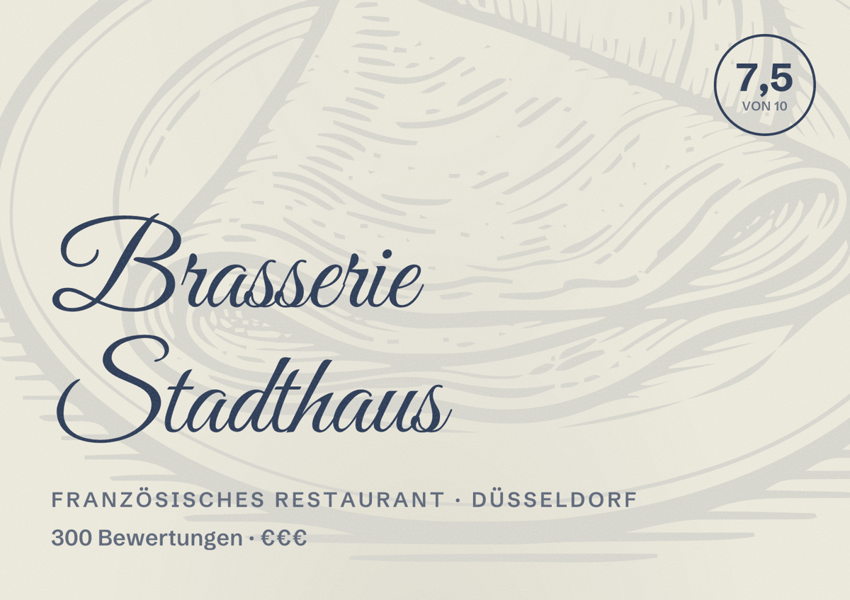 Illustriertes Poster von Brasserie Stadthaus, Französisches Restaurant in Düsseldorf: Bewertung 7,5 von 10 aus 300 Bewertungen, Preisniveau €€€