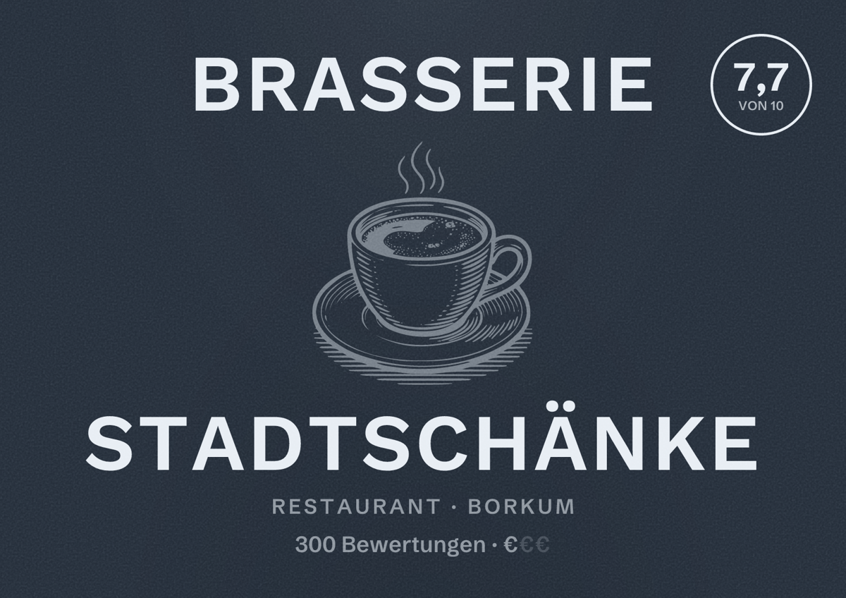 Illustriertes Poster von Brasserie Stadtschänke, Restaurant in Borkum: Bewertung 7,7 von 10 aus 300 Bewertungen, Preisniveau €