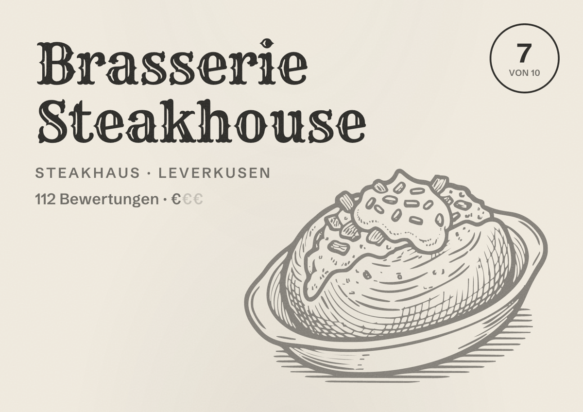 Illustriertes Poster von Brasserie Steakhouse, Steakhaus in Leverkusen: Bewertung 7 von 10 aus 112 Bewertungen, Preisniveau €