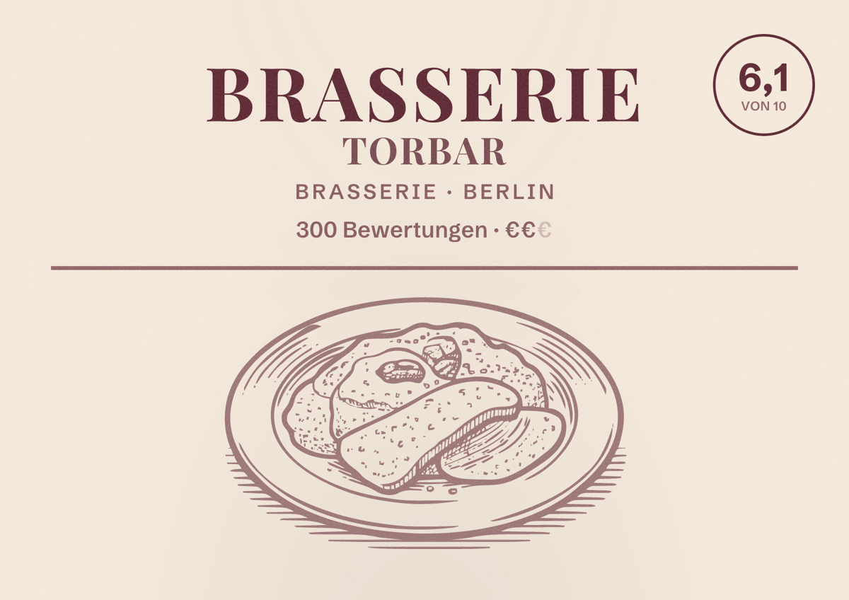 Illustriertes Poster von Brasserie Torbar, Brasserie in Berlin: Bewertung 6,1 von 10 aus 300 Bewertungen, Preisniveau €€