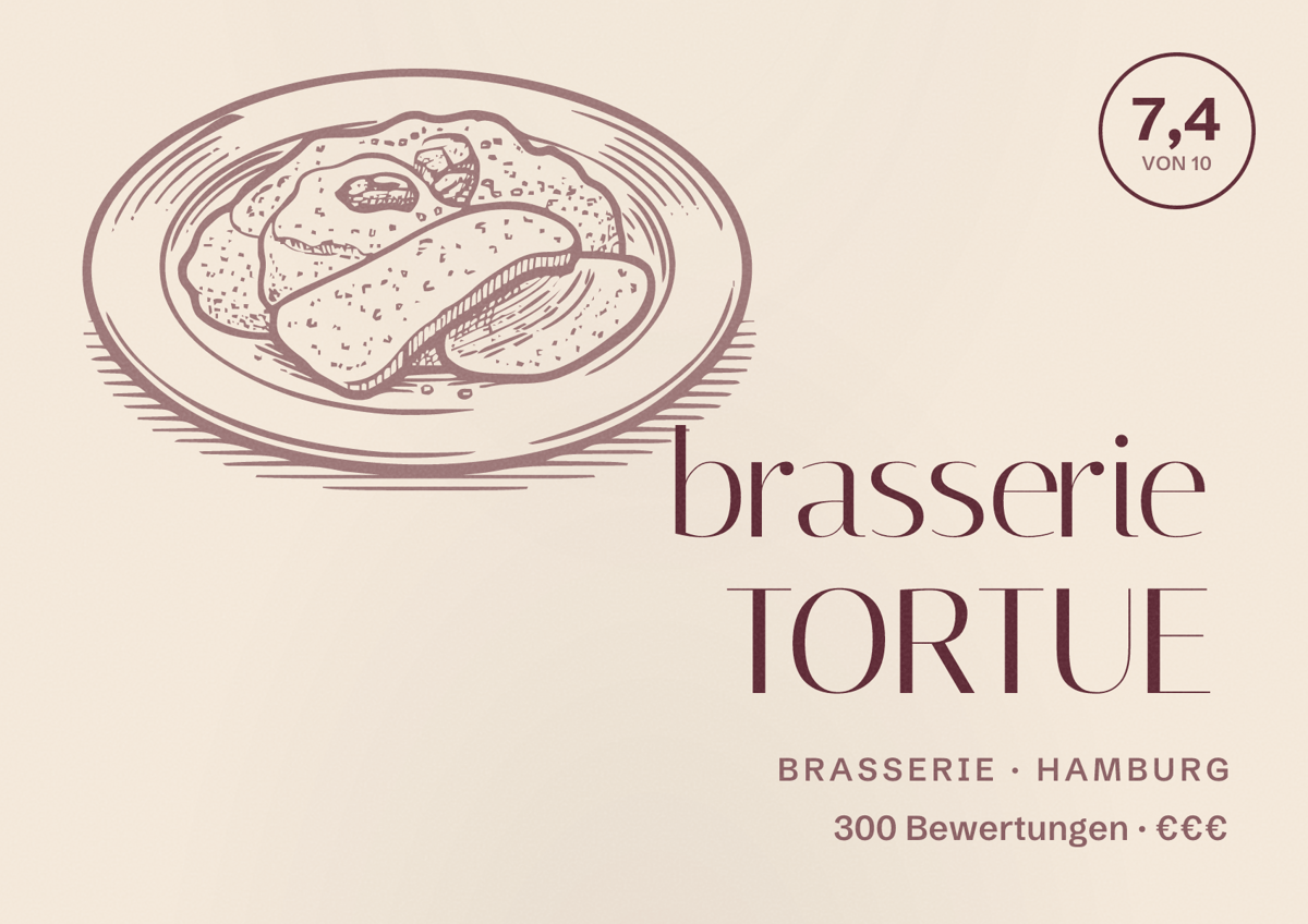 Illustriertes Poster von brasserie TORTUE, Brasserie in Hamburg: Bewertung 7,4 von 10 aus 300 Bewertungen, Preisniveau €€€