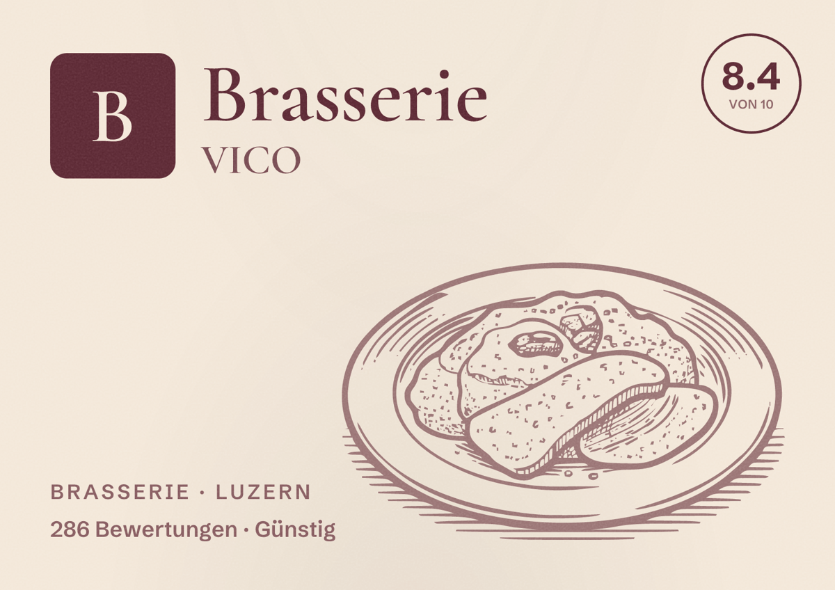 Illustriertes Poster von Brasserie VICO, Brasserie in Luzern: Bewertung 8.4 von 10 aus 286 Bewertungen, Preisniveau Günstig