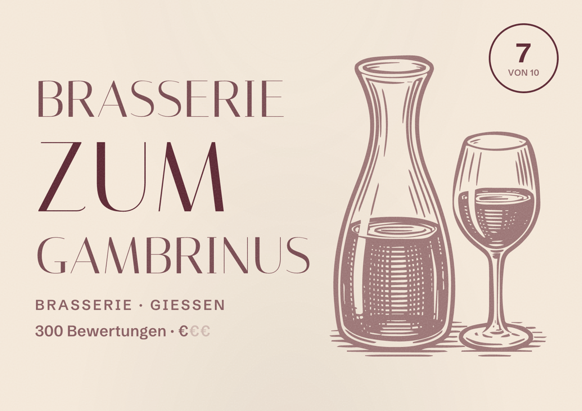 Illustriertes Poster von Brasserie zum Gambrinus, Brasserie in Gießen: Bewertung 7 von 10 aus 300 Bewertungen, Preisniveau €