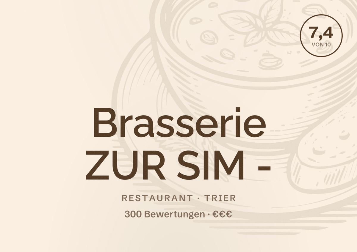 Illustriertes Poster von Brasserie ZUR SIM -, Restaurant in Trier: Bewertung 7,4 von 10 aus 300 Bewertungen, Preisniveau €€€