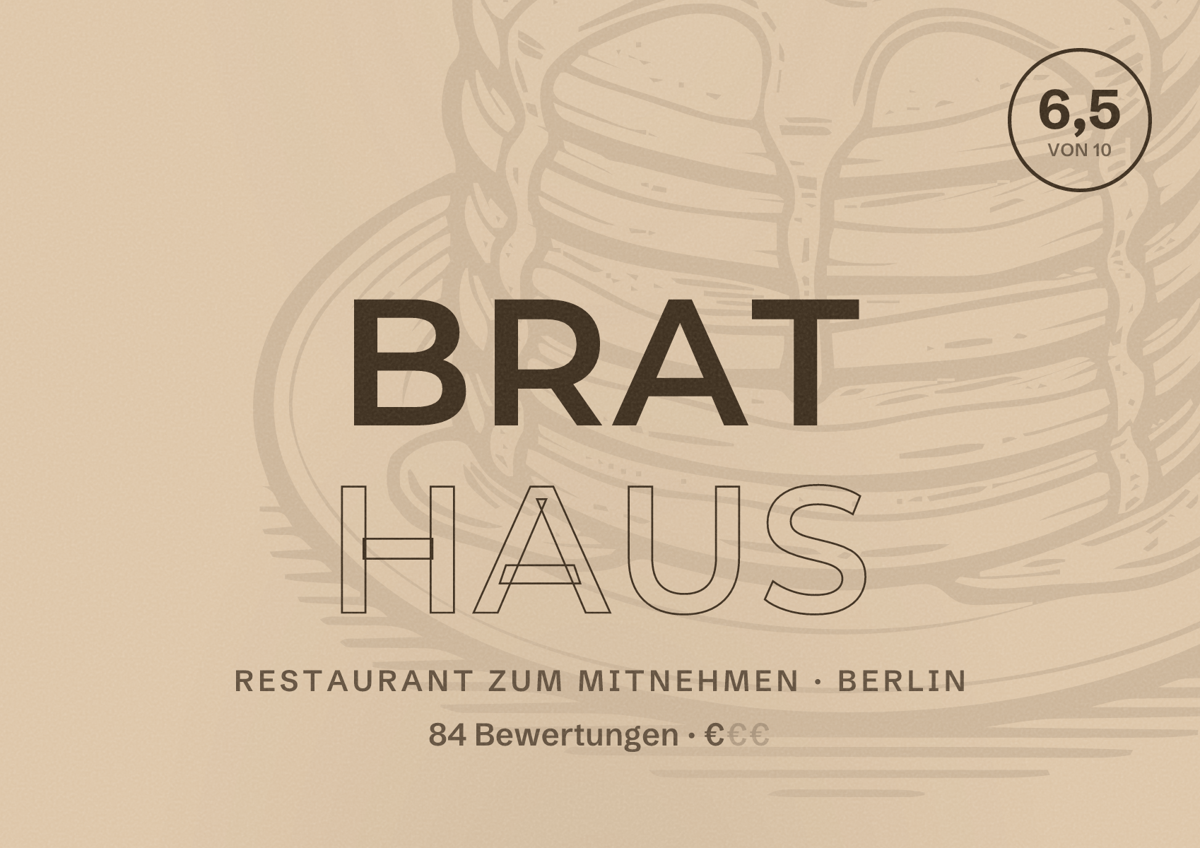 Illustriertes Poster von Brat Haus, Restaurant zum Mitnehmen in Berlin: Bewertung 6,5 von 10 aus 84 Bewertungen, Preisniveau €