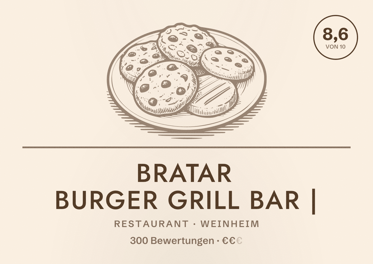 Illustriertes Poster von bratar Burger Grill Bar |, Restaurant in Weinheim: Bewertung 8,6 von 10 aus 300 Bewertungen, Preisniveau €€