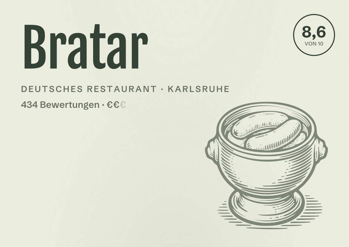 Illustriertes Poster von Bratar, Deutsches Restaurant in Karlsruhe: Bewertung 8,6 von 10 aus 434 Bewertungen, Preisniveau €€