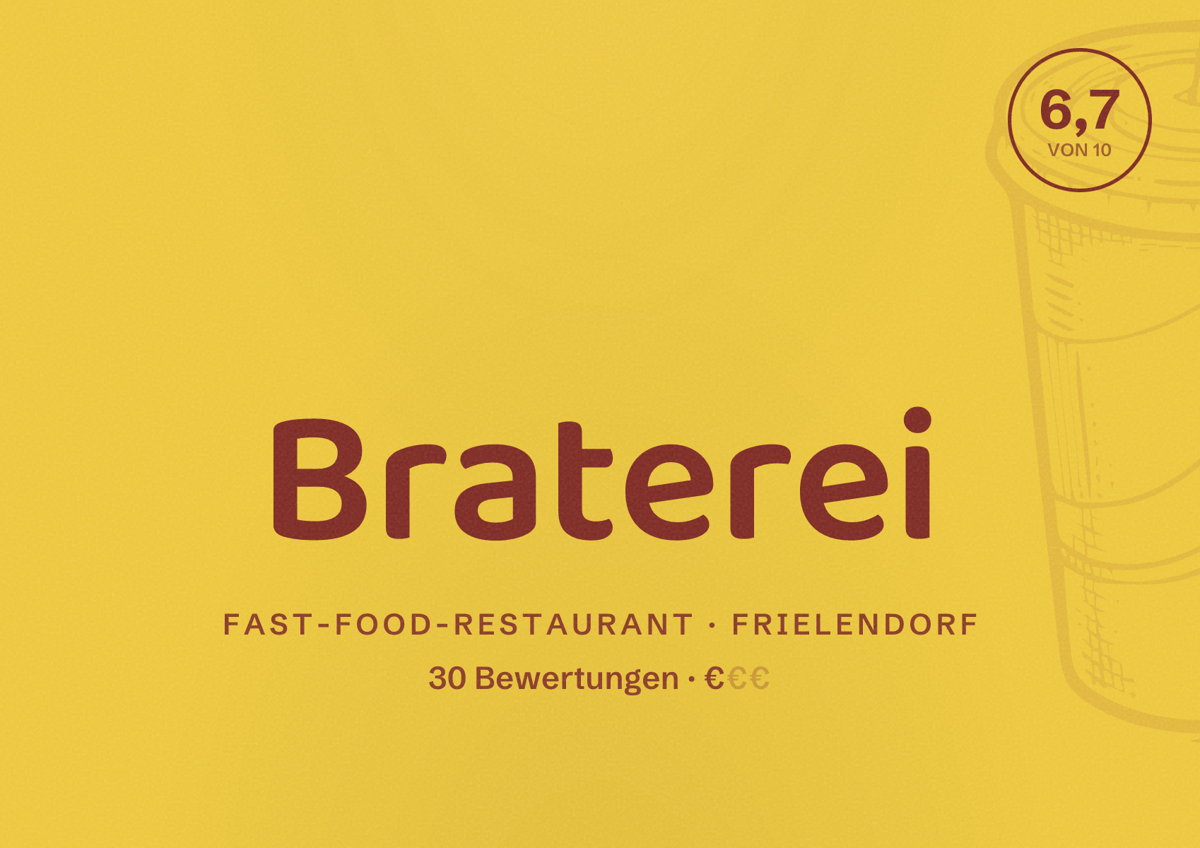 Illustriertes Poster von Braterei, Fast-Food-Restaurant in Frielendorf: Bewertung 6,7 von 10 aus 30 Bewertungen, Preisniveau €