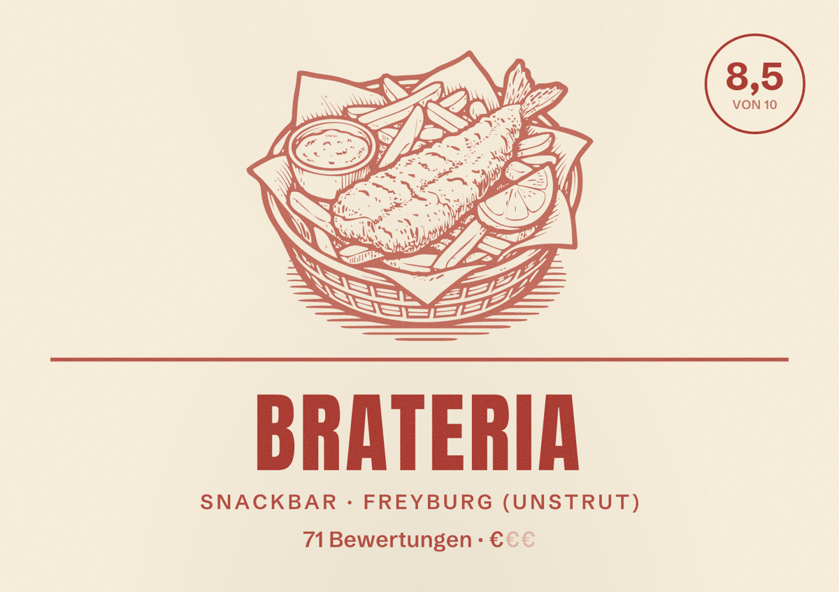 Illustriertes Poster von Brateria, Snackbar in Freyburg (Unstrut): Bewertung 8,5 von 10 aus 71 Bewertungen, Preisniveau €