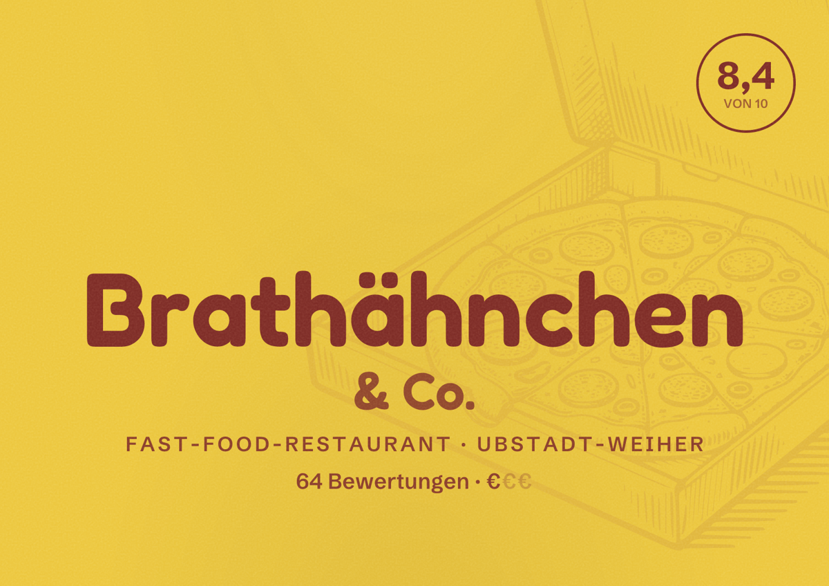 Illustriertes Poster von Brathähnchen & Co., Fast-Food-Restaurant in Ubstadt-Weiher: Bewertung 8,4 von 10 aus 64 Bewertungen, Preisniveau €