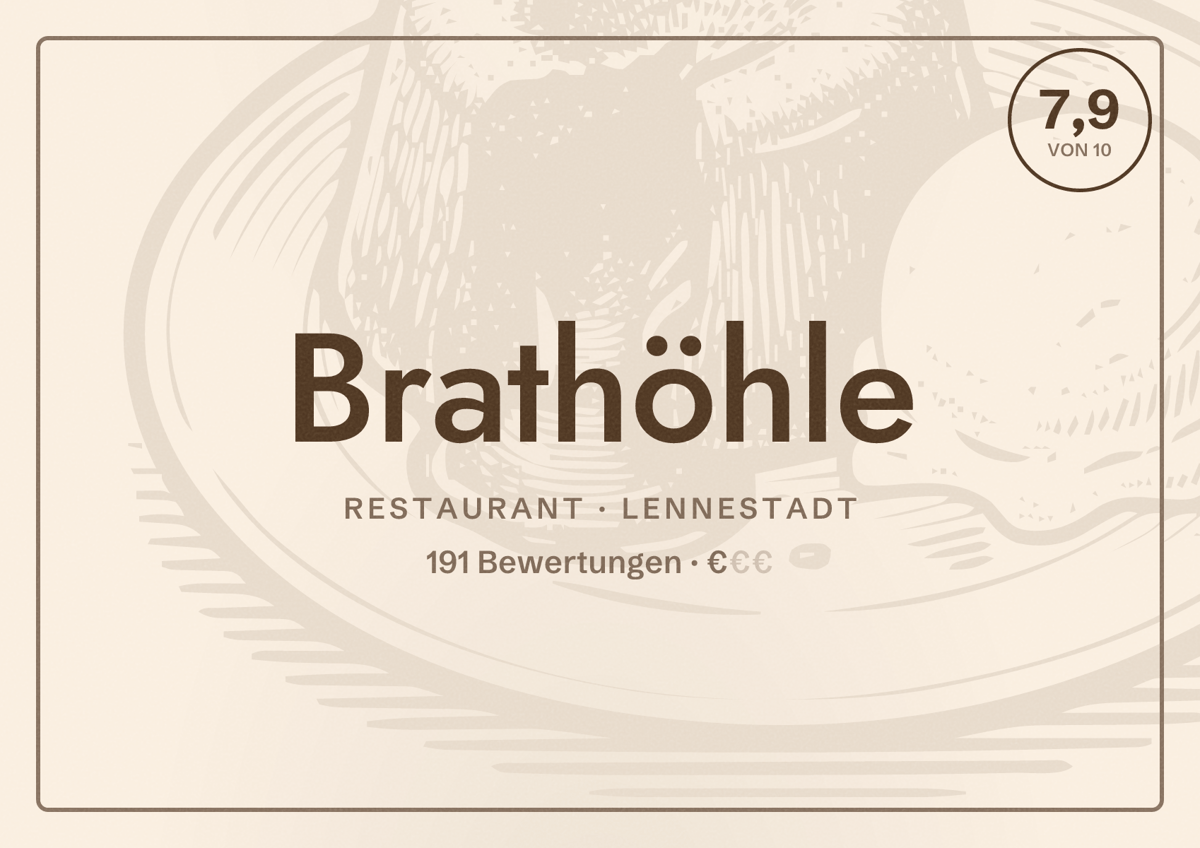 Illustriertes Poster von Brathöhle, Restaurant in Lennestadt: Bewertung 7,9 von 10 aus 191 Bewertungen, Preisniveau €