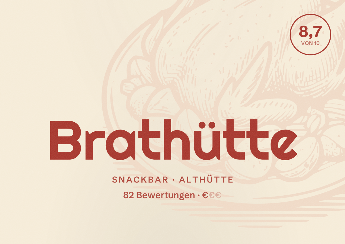 Illustriertes Poster von Brathütte, Snackbar in Althütte: Bewertung 8,7 von 10 aus 82 Bewertungen, Preisniveau €