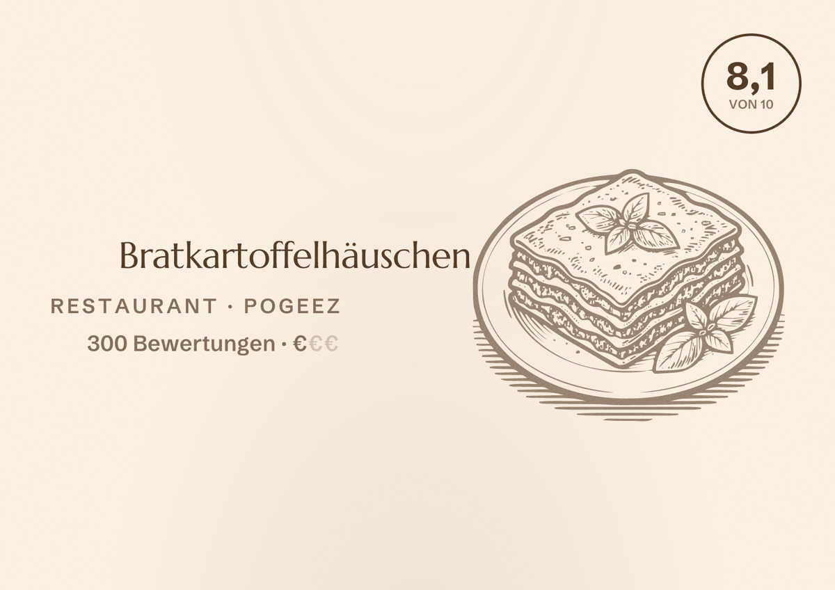Illustriertes Poster von Bratkartoffelhäuschen, Restaurant in Pogeez: Bewertung 8,1 von 10 aus 300 Bewertungen, Preisniveau €
