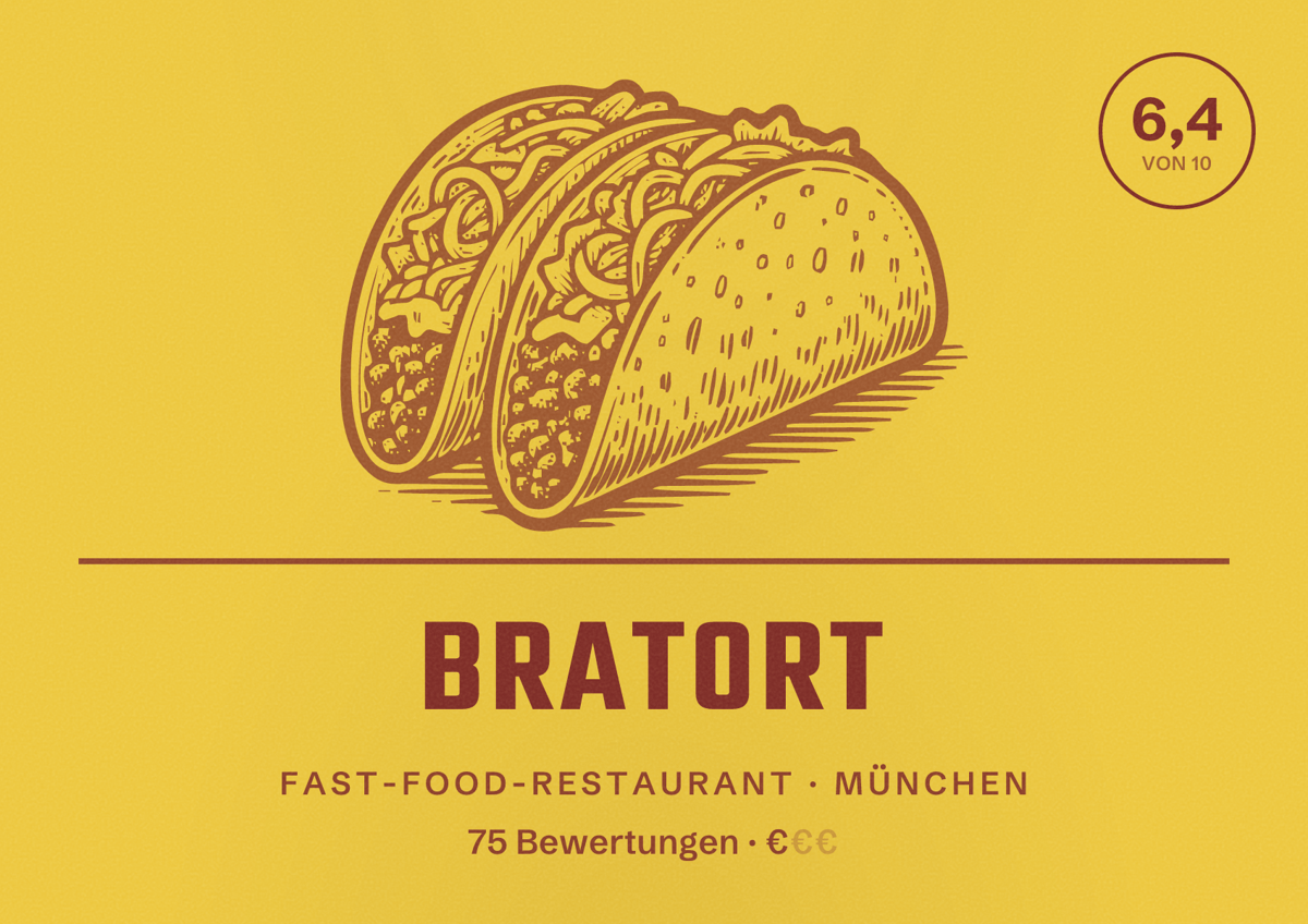 Illustriertes Poster von Bratort, Fast-Food-Restaurant in München: Bewertung 6,4 von 10 aus 75 Bewertungen, Preisniveau €