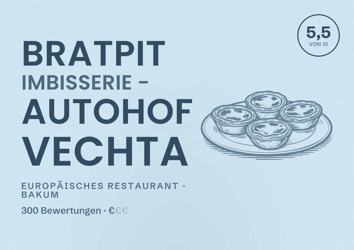 Illustriertes Poster von BratPit Imbisserie - Autohof Vechta, Europäisches Restaurant in Bakum: Bewertung 5,5 von 10 aus 300 Bewertungen, Preisniveau €