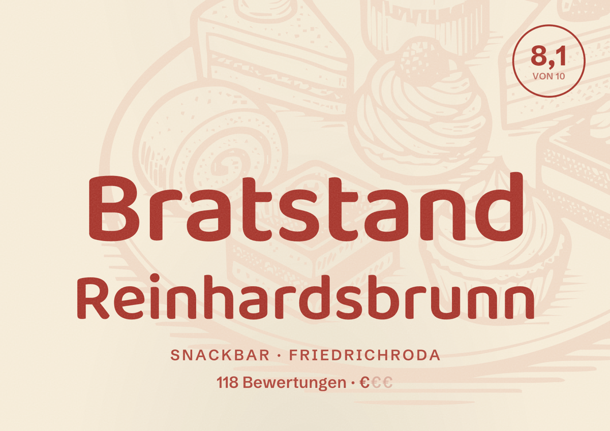 Illustriertes Poster von Bratstand Reinhardsbrunn, Snackbar in Friedrichroda: Bewertung 8,1 von 10 aus 118 Bewertungen, Preisniveau €