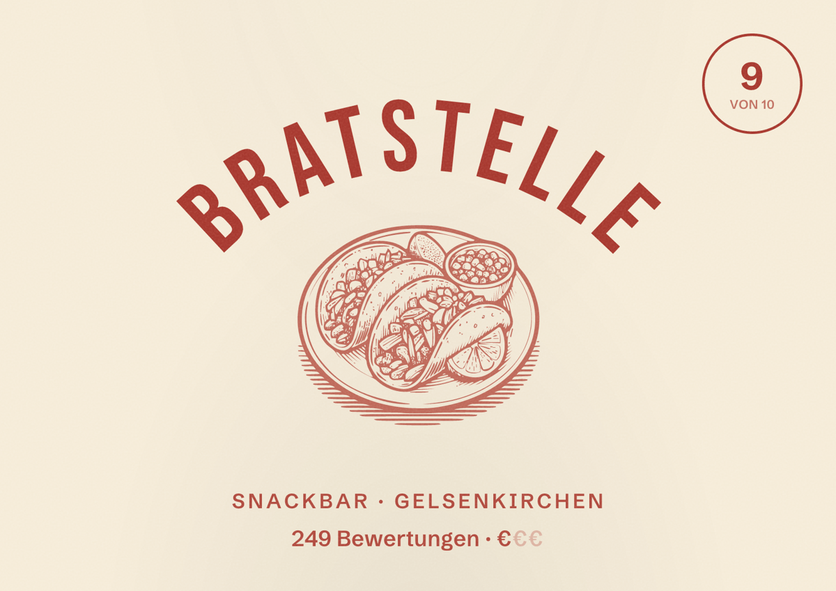 Illustriertes Poster von Bratstelle, Snackbar in Gelsenkirchen: Bewertung 9 von 10 aus 249 Bewertungen, Preisniveau €