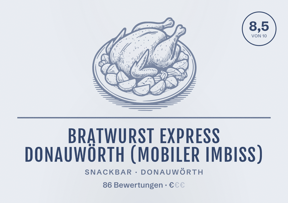 Illustriertes Poster von Bratwurst Express Donauwörth (mobiler Imbiss), Snackbar in Donauwörth: Bewertung 8,5 von 10 aus 86 Bewertungen, Preisniveau €
