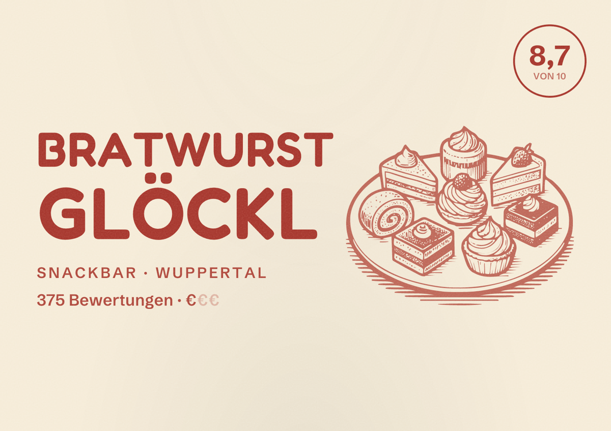 Illustriertes Poster von Bratwurst Glöckl, Snackbar in Wuppertal: Bewertung 8,7 von 10 aus 375 Bewertungen, Preisniveau €