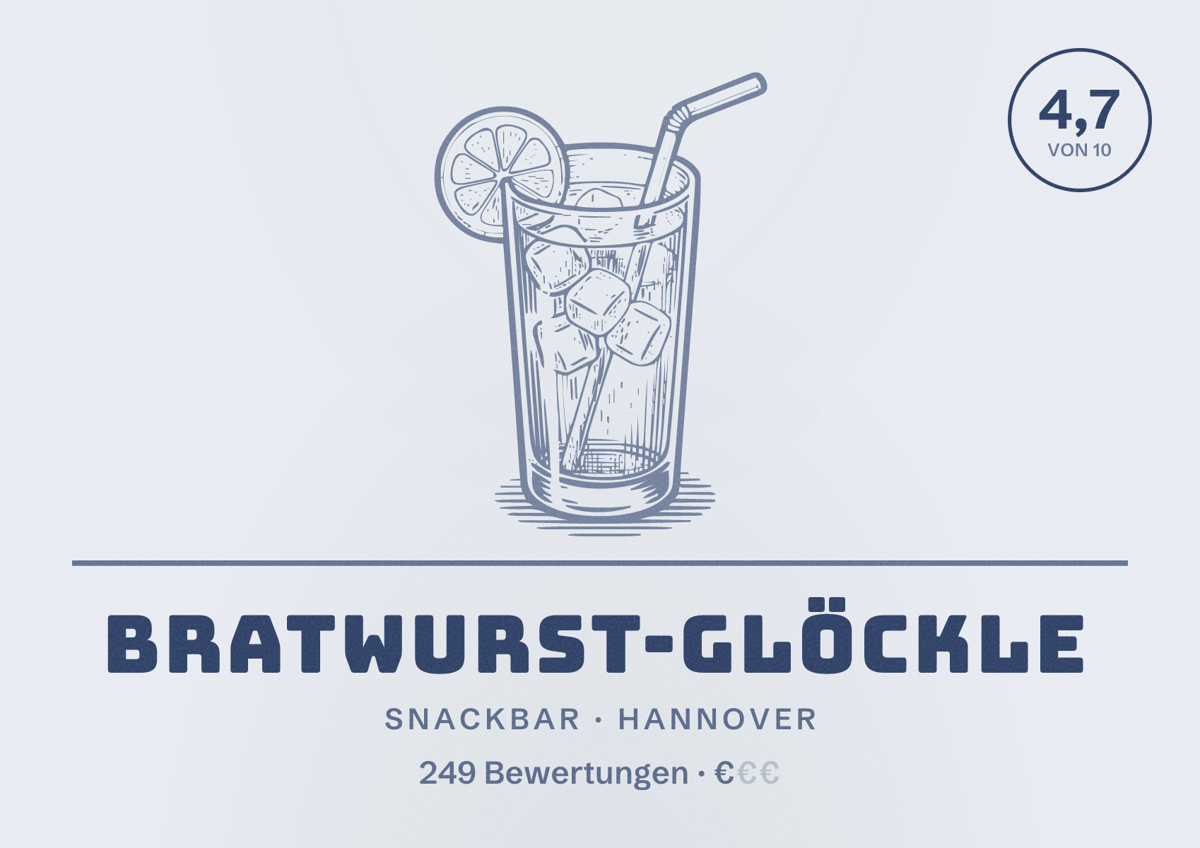 Illustriertes Poster von Bratwurst-Glöckle, Snackbar in Hannover: Bewertung 4,7 von 10 aus 249 Bewertungen, Preisniveau €
