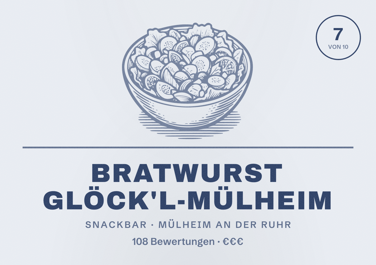 Illustriertes Poster von Bratwurst Glöck'l-Mülheim, Snackbar in Mülheim an der Ruhr: Bewertung 7 von 10 aus 108 Bewertungen, Preisniveau €€€