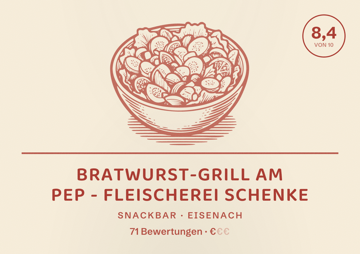 Illustriertes Poster von Bratwurst-Grill am Pep - Fleischerei Schenke, Snackbar in Eisenach: Bewertung 8,4 von 10 aus 71 Bewertungen, Preisniveau €